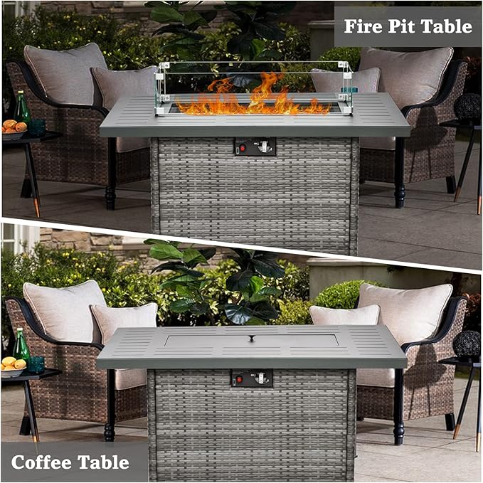 Propane Fire Pit Table,44 Inch 55000 BTU Outdoor Gas Fire Pit Rectangular with Glass Wind Guard for Outside Patio Deck (Gray-Aluminum Top)