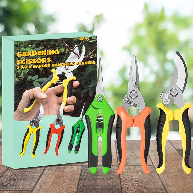 3 Pack Professional Pruning Shears, Stainless Steel Garden Scissors with Rust-Resistant Blades, Ergonomic Handles for Gardening, Bonsai,Plant Care & Rose Trimming By GLVSAE