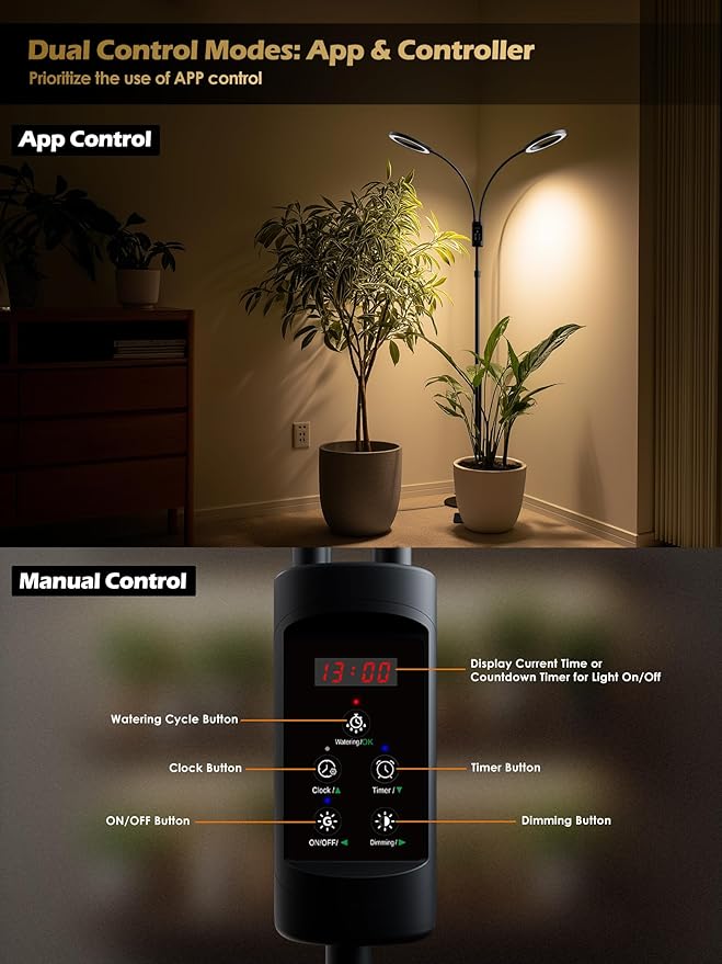 Smart Grow Lights for Indoor Plants,48W 2-Head Plant Light with Auto-Timer, Full Spectrum LED Grow Light, Adjustable Height & Stepless Dimming,Plant Assistant Suitable for Most Plants (Black, 48W)