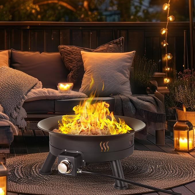 TLSUNNY 24'' Propane Fire Pit,58,000 BTU Portable Smokeless Firebowl with Self Igniter,Cover,Lava Rocks,Gas Cylinder Holder for Camping,Outdoor Living,Patio,Backyard,Tailgating,Garden,Deck,RV