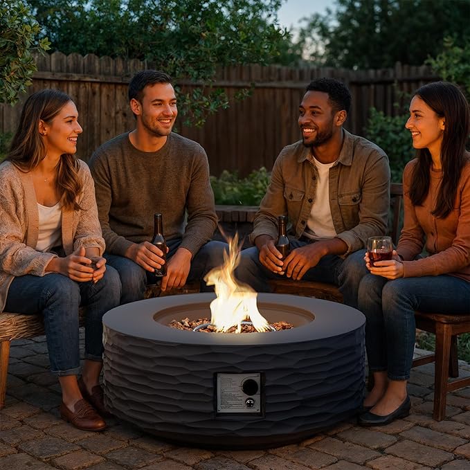 Round Fire Pits, 35 in Round Outdoor Propane Gas Fire Pit Table, 50000 BTU FirePit for Outside Patio with Rain Cover, Lava Rocks for Backyard & Deck, Dark-Grey