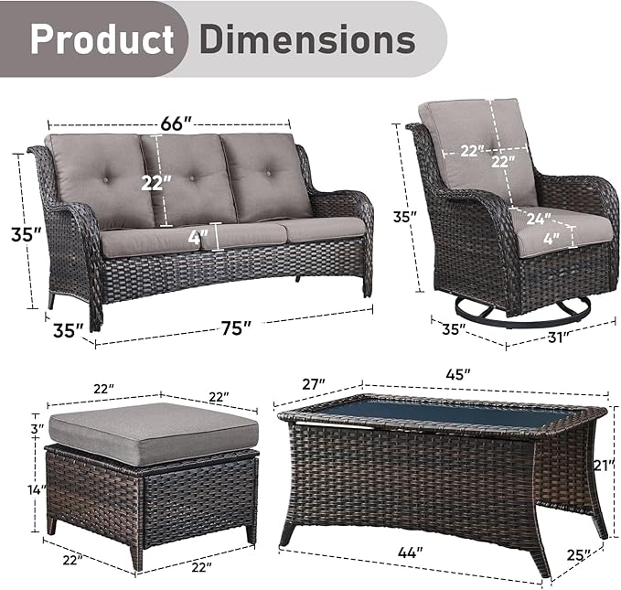 Wicker Outdoor Conversation Set-6 Pieces Outdoor Wicker High Back Couch with Swivel Rocker Chairs Patio Furniture for Deck Poolside Backyard-Brown/Grey