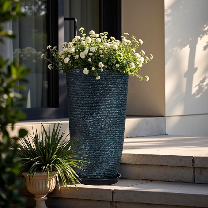 QCQHDU Large Tall Blue Planters with Saucer - 9 Gallon 12" Diameter x 21" H Faux Stone Round Pots for Indoor Plants, Outdoor Patio & Porch Decor, Heavy Duty Weatherproof Plant Containers