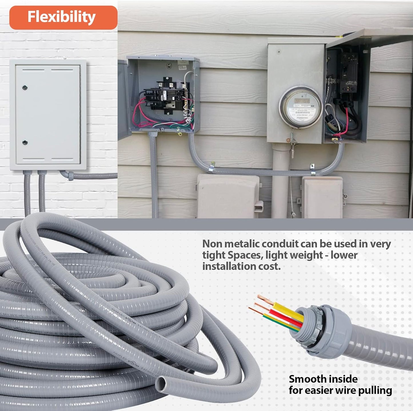 1/2" Liquid-Tight PVC Conduit Kit, 100ft with 10 Connectors, Grey, 5 Straight & 5 90-Degree Fittings, UL Certified, Flexible, Easy Installation, Multi-Application