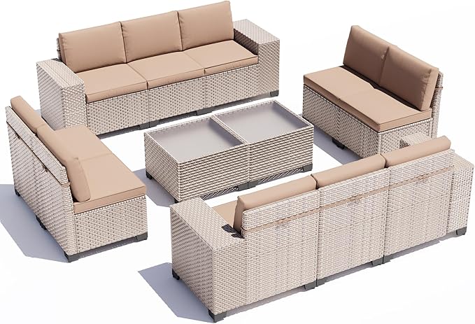 12 Pieces Patio Furniture Set, Outdoor Sectional Wicker Sofa with Thickened Cushions and Coffee Table, High Back Rattan Patio Conversation Sets for Garden Backyard, Khaki