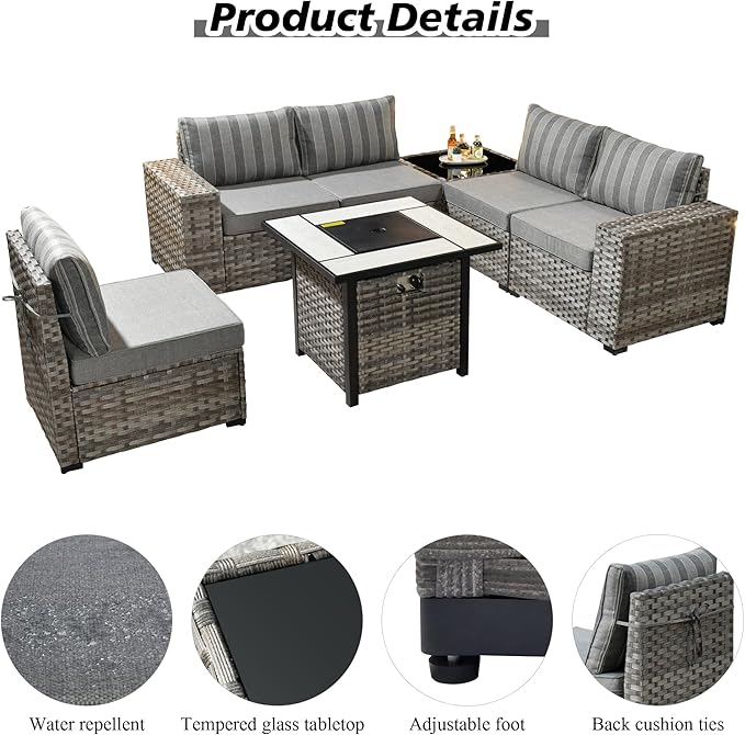 HOOOWOOO Modular Patio Outdoor Sectional Furniture Set with Gas Propane Fire Pit Table,7 Piece Wicker Conversation Sofa Set,Out Door Couch Set with Wide Arm Outside(Grey Stripes)