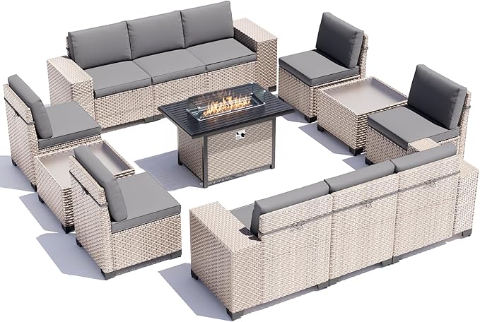 13 Pieces Patio Furniture Set with Fire Pit Table, Outdoor Sectional Wicker Sofa with Thickened Cushions and Coffee Table, High Back Rattan Patio Conversation Sets, Grey