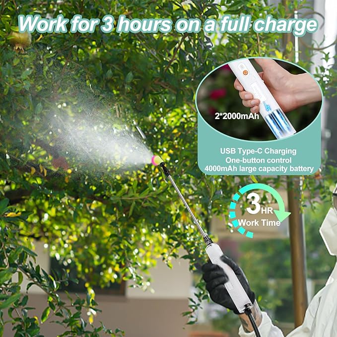 Battery Powered Sprayer 1.58 Gallon, Electric Garden Sprayer with 3 Mist Nozzles, USB Rechargeable Handle and Retractable Wand, with Adjustable Shoulder Strap for Garden,Lawn,Cleaning