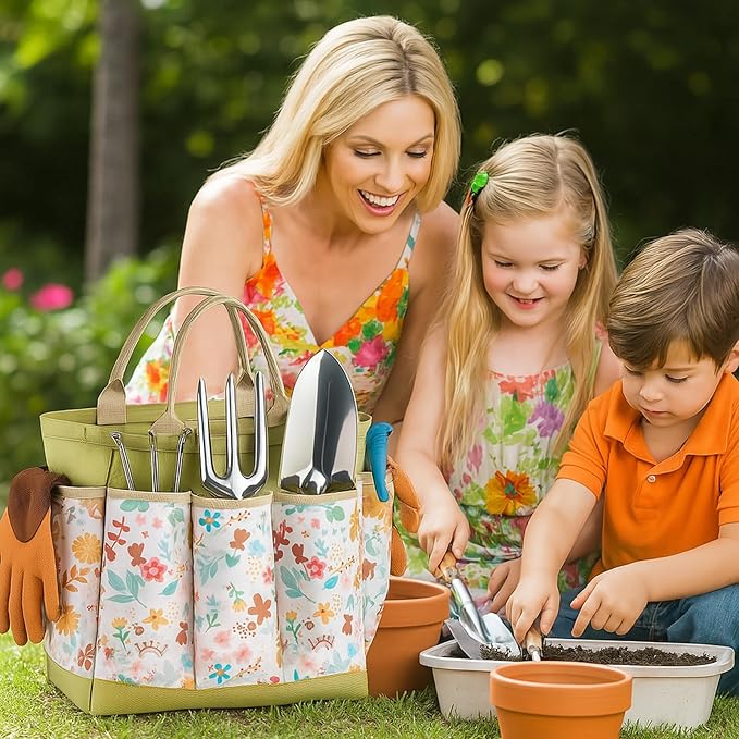 Gardening Tools 10-Piece Heavy Duty Gardening Tool Set with Fashion Durable Tote Organizer Bag, Rust-Proof Non-Slip Hand Tools, Ideal Gardening Gift for Women Gardener Gifts