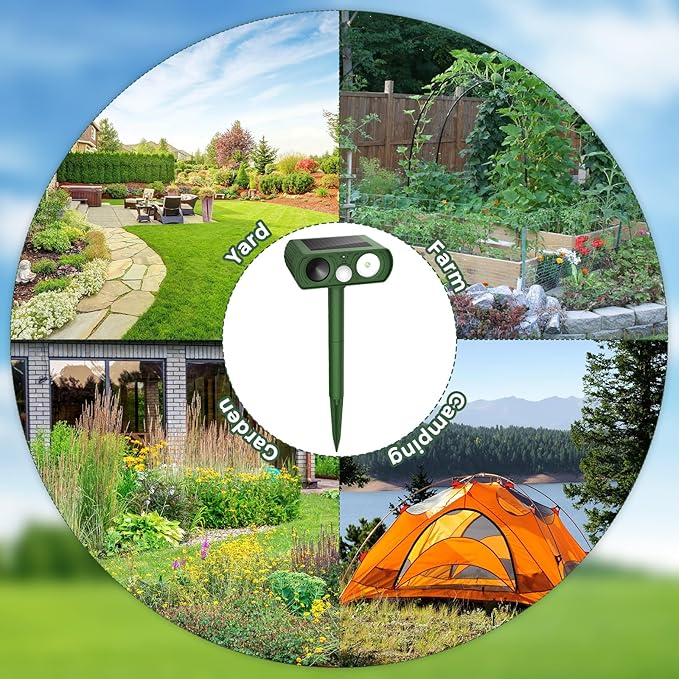 2PACK Solar Ultrasonic Animal Repellent Outdoor, Deer Repellent Devices Squirrel Cat Raccoon Rabbit Dog Deterrent, Keep Rodent Away Motion Detection with Flash Light for Yard Garden Lawn