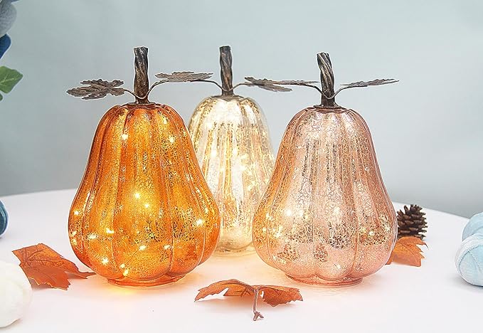 Mercury Glass Pumpkin Lights with Timer, Battery Operated Led Pumpkin Lights for Halloween Fall,Thanksgiving Rustic Decor (Silver Leafy, 9")