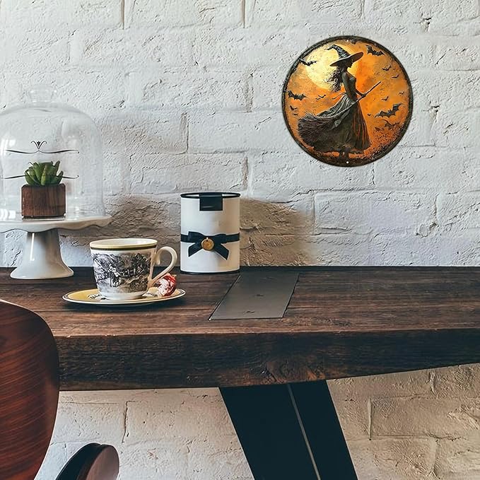 PEACHGARDEN Round 2D Halloween Witch Vintage Sign Halloween Witch Broom Metal Tin Sign for Home Bar Kitchen Hotel Dining Room Coffee 8x8inch