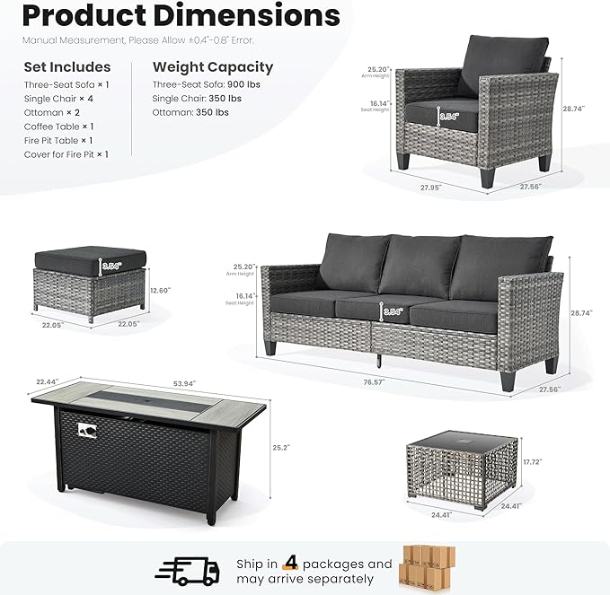 ovios 9 Pieces Patio Furniture Set with 54" Fire Pit Table, Outdoor Sofa Couch with Solar Lights Table Comfy Cushions, Modern Deep Seat Wicker Rattan Conversation Set, Black