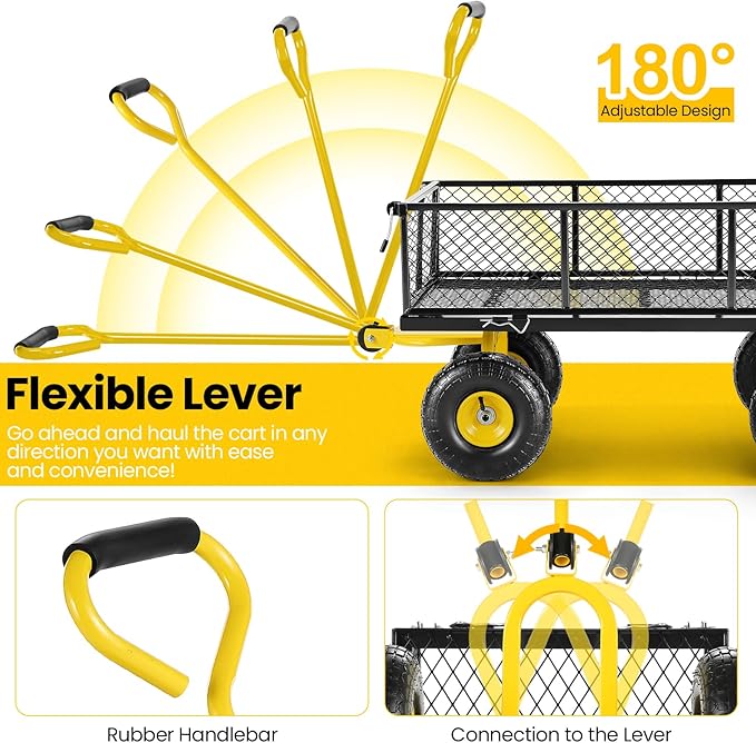 TEANDE Garden Cart, Heavy Duty 880 Lbs Capacity Mesh Steel Garden Cart with Removable Sides to Convert into Flatbed, Utility Metal Wagon with 180° Rotating Handle and 10 in Tires