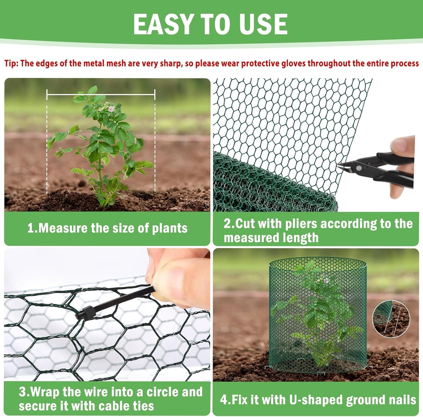 39.4Ft x 16In Plant Protectors from Animals, Plant Cages for Outdoor Plants, Free-Cut Metal Mesh Plant Covers Guards Fence Chicken Wire Cloche with Ground Stakes & Ties to Keeping Bunny Animals Out