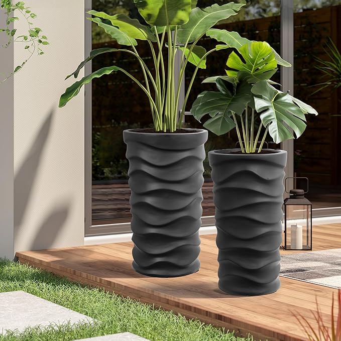 YOLENY Tall Planters with Drainage Hole 2 Pack, 20" H/18 H Porch Wavy Planters Outdoor Indoor Use, Plant Flower Pots for Home Decor, Black