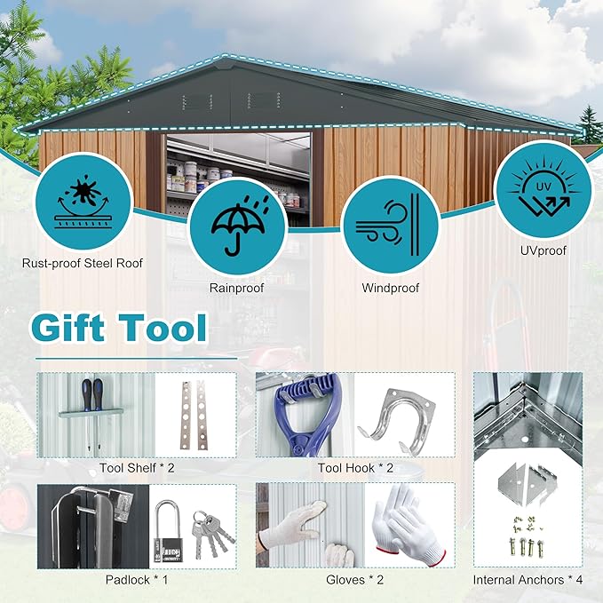 Sheds & Outdoor Storage 8ft x 10ft Iron Storage Shed with Metal Foundation Metal Garden Shed Tool Storage Cabinet with Secure Sliding Doors with Padlock for Backyard, Patio, Poolside, Coffee