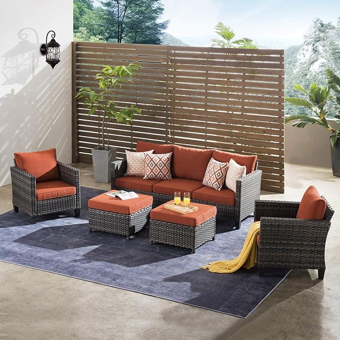 ovios Patio Furniture Set, 5 Pieces Outdoor Wicker Sofa Couch with Chairs, Ottomans and Comfy Cushions, All Weather High Back Rattan Conversation Set, Orange Red
