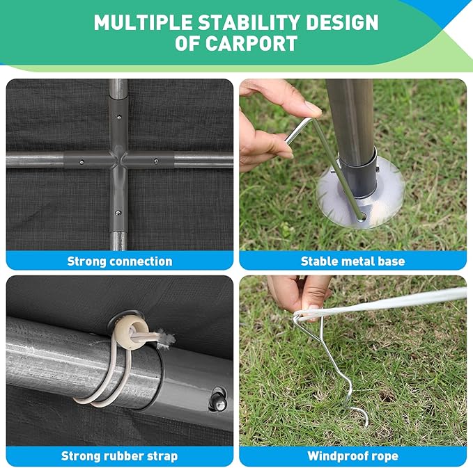 10x20 Ft Heavy Duty Carport, Portable Garage with Sidewalls, Doors, Ventilated Windows, Waterproof and UV Resistant Carport Canopy for Cars, Boats, Suvs, Gray