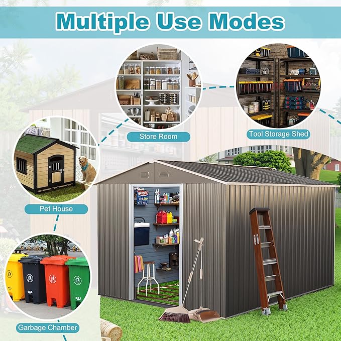 Sheds & Outdoor Storage 8ft x 10ft Metal Storage Shed with Metal Foundation, Gloves, Anchors, Tools Garden Tool Storage Cabinet with Secure Sliding Doors with Padlock for Backyard, Patio, Gray