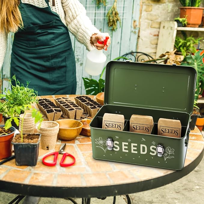 Seed Organizer Storage Box with 4 Compartments Lockable Sealed Metal Seed Container Kit Includes 50 Seed Bags 100 Plant Tags 50 Clips and Marker