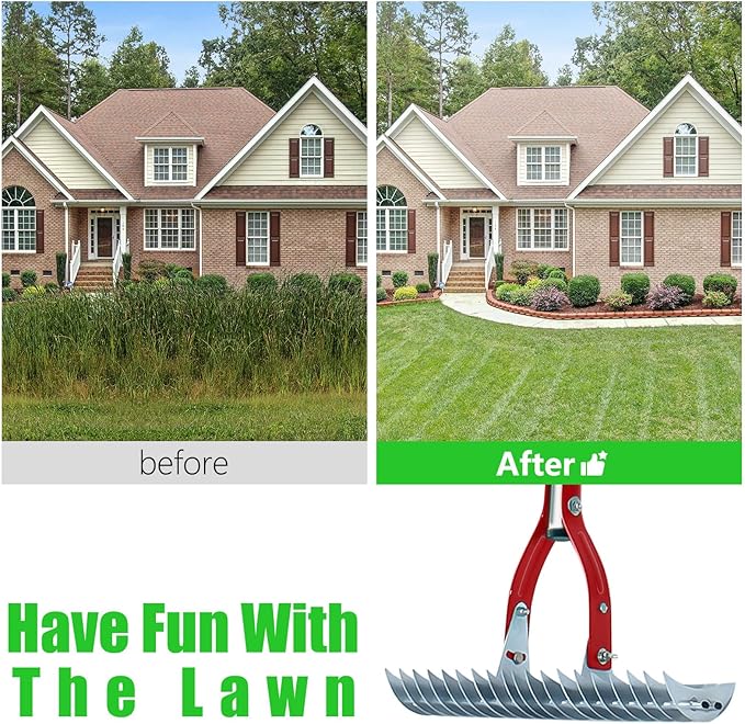 Thatch Rake, 15-inch Lawn Dethatcher Rake, Efficient Steel Metal Rake with Stainless Steel Handle, Heavy Duty Soil Rake, Grass Grooming Rake for Cleaning Dead Grass