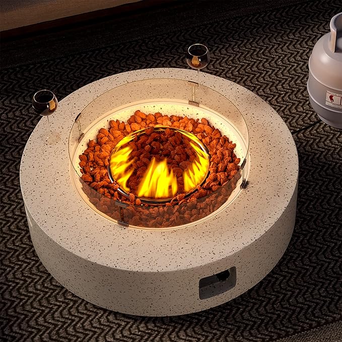 SUNBURY Outdoor 42 Inch Propane Fire Pit Table, Patio Gas Fire Table 50,000 BTU Fire Pit for Outside in Spotted White w Glass Wind Guard, Lava Rocks