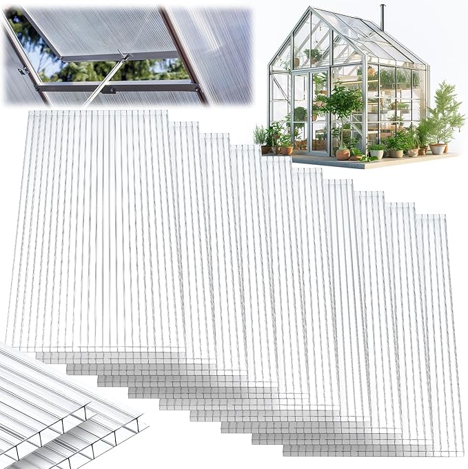 Tatuo 12 Pack 6' X 2' X 0.16'' Polycarbonate Greenhouse Panels Polycarbonate Sheets Twin-Wall Roof Panels Waterproof UV Protected Clear Corrugated Plastic Roofing for Greenhouse Replacement
