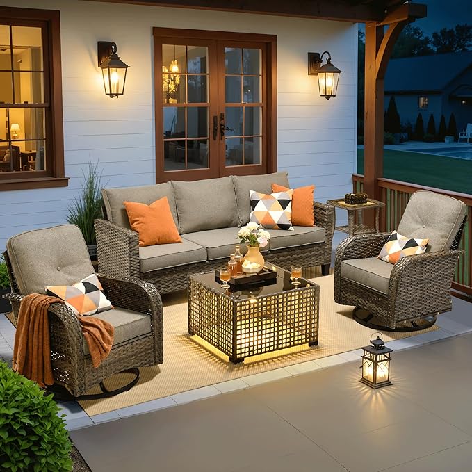 ovios 5 Pieces Patio Furniture Set, Outdoor Wicker Sofa Couch with Rocking Swivel Chairs Solar Lights Table, Modern Deep Seat Rattan Conversation Sets for Porch Deck, Dark Grey