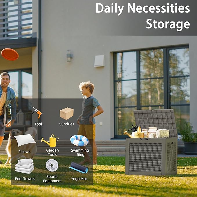 NUNU LAB 32 Gallon Resin Deck Box 2 Pack Outdoor Indoor Waterproof Storage Box for Patio Cushions, Garden Tools, Pool Accessories,Backyard Storage Bin,Grey