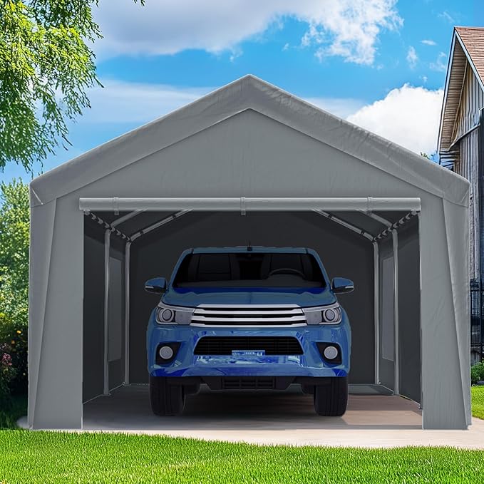 Quictent 12x20 ft Heavy Duty Carport Canopy Galvanized Car Tent Outdoor Garage Boat Shelter with Reinforced Structure with Roll-up Ventilated Windows Sidewall - Gray