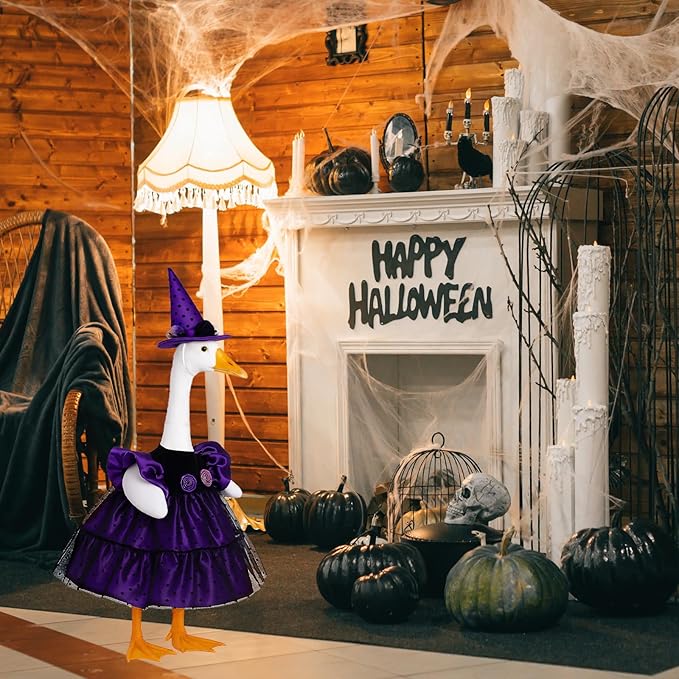 Halloween Goose Outfit Porch Witch Goose Clothes for 23'' Cement Plastic Geese Costume for Yard Lawn Outdoor Garden Patio Statue Holiday Decor