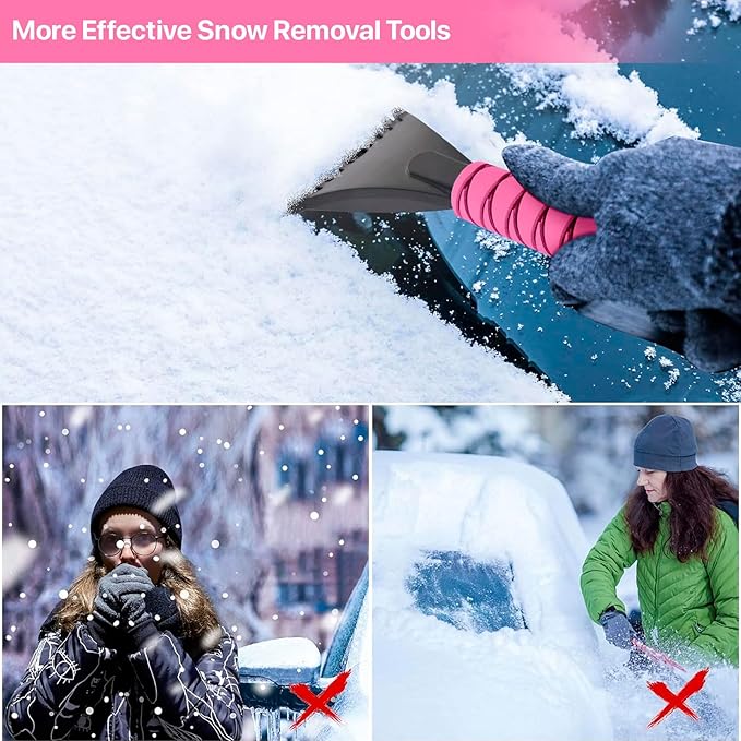 27" Snow Brush and Ice Scrapers for Car Windshield 2 Pack, Scratch-Free Bristle Head PVC Snow Brush & Foam Grip Window Snow Scraper Snow Removal Tool with Aluminum Body for Truck, SUV, Pink