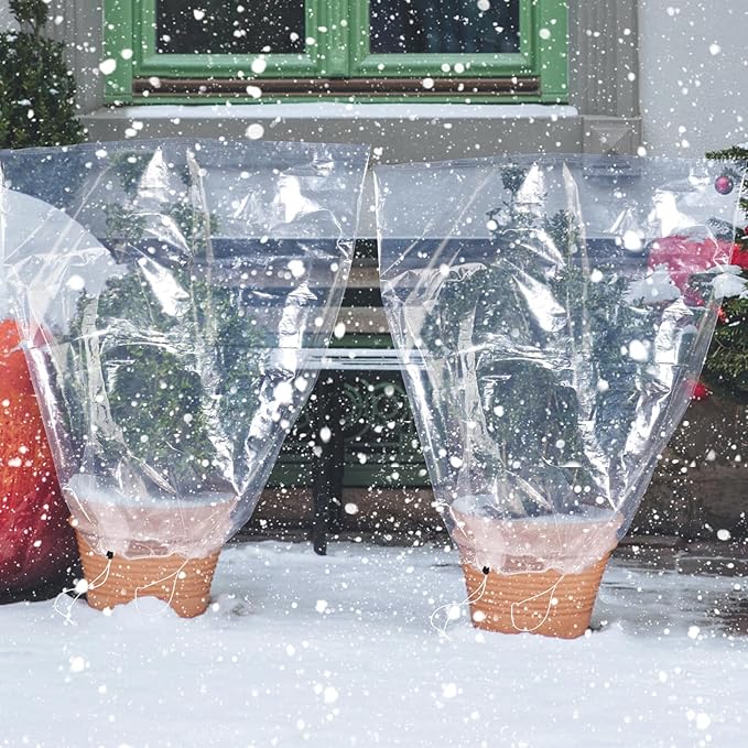 ANPHSIN 6 Pcs Winter Plant Cover Freeze Protection - 23.6" x 31.5" Plastic Plant Frost Bags with Drawstring, Transparent Waterproof Plant Shelter Coverings for Outdoors Garden Potted Plants