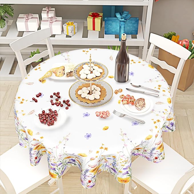 Giwawa Watercolor Wildflowers Round Tablecloth 60 Inch,Purple Lavender Orange Poppy Floral Reusable Washable Polyester Table Cover for Seasonal Indoor Outdoor Dining Party Picnic Decor