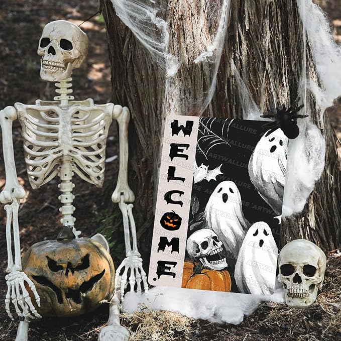 Welcome Halloween Ghost Metal Tin Sign Vintage Retro Wall Decor Rustic Metal Poster For Home Yard Outdoor 12x16inch