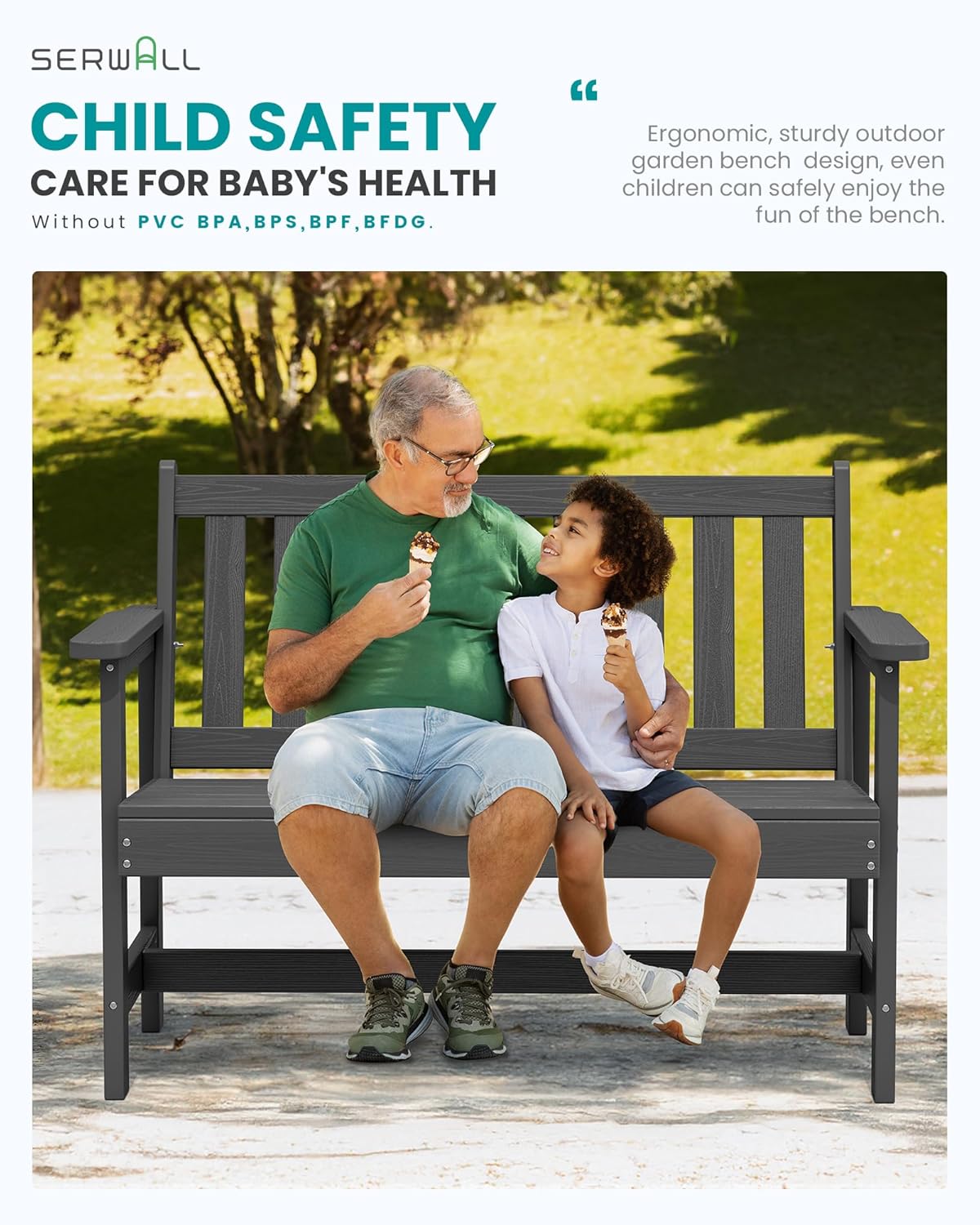 SERWALL Outdoor Bench, HDPE Outdoor Benches Weatherproof, 2-Person Garden Bench with 660 lbs Weight Capacity, Patio Benches for Outdoors, Garden, Porch, Backyard and Park, Grey