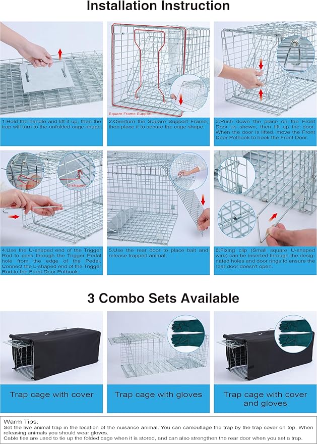 Live Animal Trap Cage with Cover, Cat Trap for Stray Cats 32 Inch Heavy Duty Folding Skunk Traps with Real Door for Raccoons, Opossums, Groundhogs, Skunks, Feral Cats, Squirrels-(32 x 10 x 12 inches)