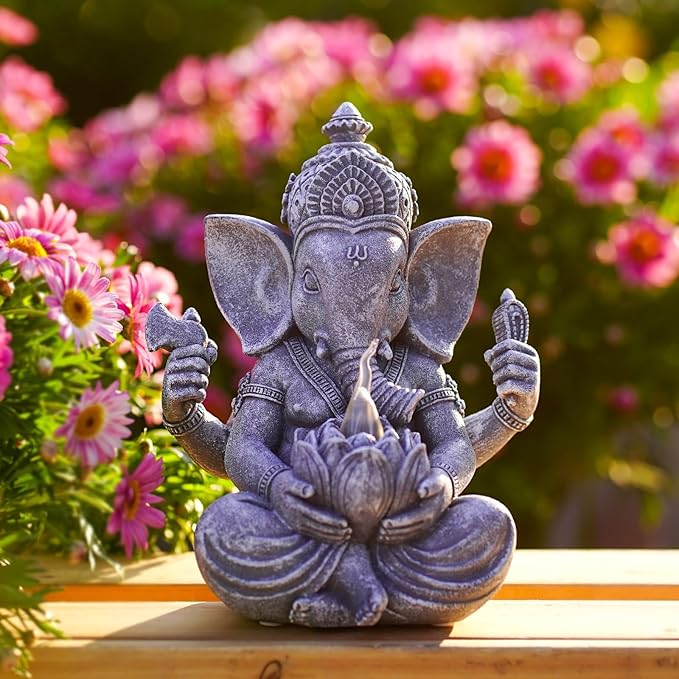 Ganesha Elephant Garden Statues: Outdoor Sculptures with Lotus Lights Decor for Patio Lawn Yard Art - Gifts for Mom Grandma