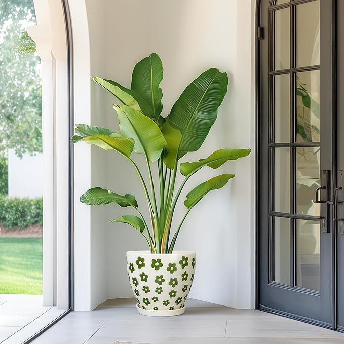 Ceramic Flower Pot - 10 Inch Plant Pot Indoor with Drainage Hole and Saucer, Boho Round Ceramic Planter for Indoor Outdoor Plants, Plant Lover Gifts, Home Garden House Decor, White