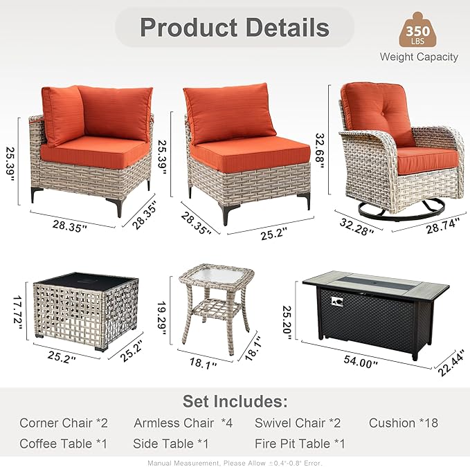 HOOOWOOO Outdoor Patio Furniture Set with Fire Pit Table,11 Pieces Wicker Out Door Sectional Furniture L Shaped Couch,Outside Patio Conversation Sets Swivel Chair,Brick Red