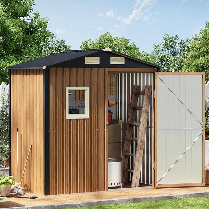 6X4FT Garden Storage Shed with Frame Floor & Lockable Door,Steel Tool Shed with 1 Clear Window, Anti-Corrosion Metal Shed for Backyard Patio Lawn (Light Wood Grain)