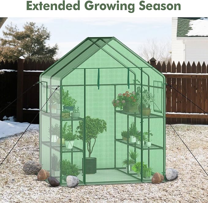 Happygrill Walk-in Greenhouse, Portable Greenhouses for Outdoors w/8 Shelves, Roll-Up Zippered Door, 2 Observation Windows & 2 Tiers, Weather-Proof PE Cover, Wind Rope Included, 57”L x 57”W x 77”H