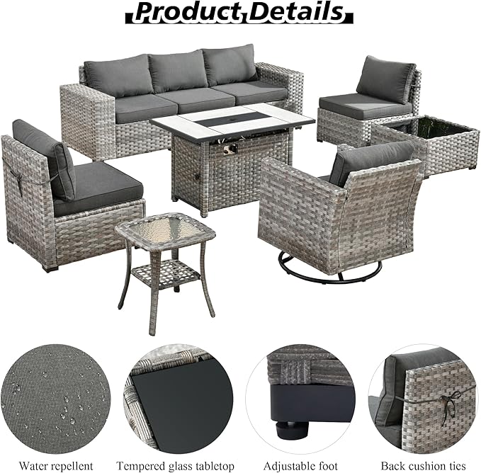 HOOOWOOO 9 Piece Modular Patio Outdoor Sectional Furniture Set with Large Propane Fire Pit Table,Wicker Conversation Sofa Set with Swivel Chairs,Outside Couch Set(Black)