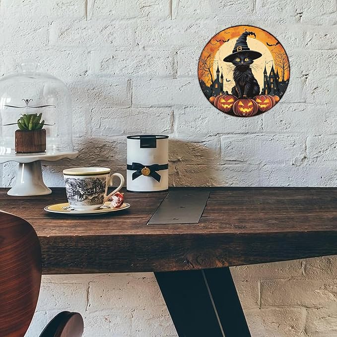 PEACHGARDEN Round Black Cat With Bats On Pumpkin Vintage Sign Halloween Metal Tin Sign for Home Bar Kitchen Hotel Dining Room Coffee 8x8inch