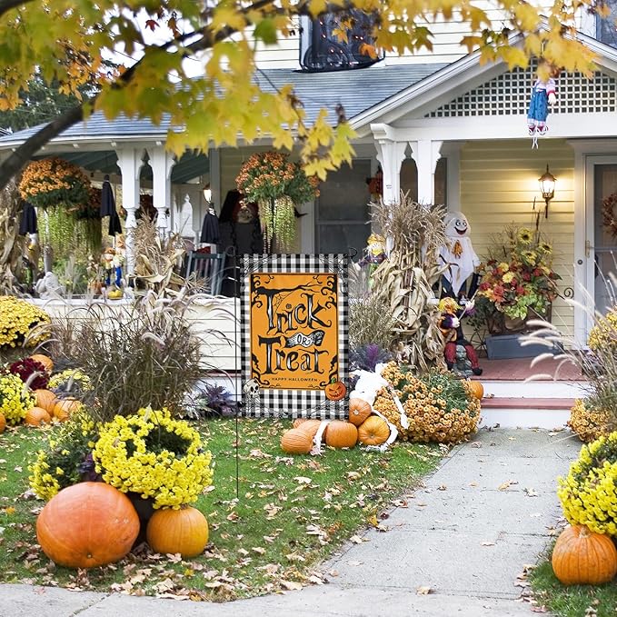 Halloween Garden Flag Trick Or Treat Without Candy 12x18 Double-Sided Pumpkin Decoration Water Buffalo Grid Halloween Party Welcome Holiday Courtyard Outdoor Haunted House Decoration Flag (Cartoon)