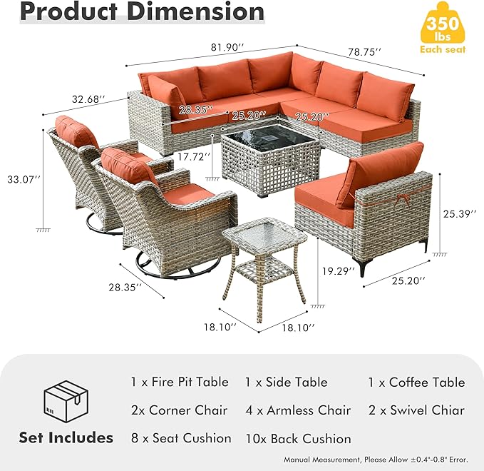 HOOOWOOO Outdoor Patio Furniture Set,10 Pieces Wicker Out Door Sectional Furniture L Shaped Couch,Patio Conversation Sets with Swivel Rocking Chair LED Table,Orange Red