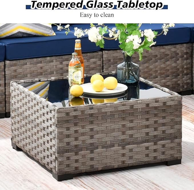 HOOOWOOO 13 Piece Modular Patio Outdoor Sectional Furniture Set with Gas Propane Fire Pit Table,Wicker Conversation Sofa Set,Out Door Couch Set with Wide Arm Outside(Navy Blue)