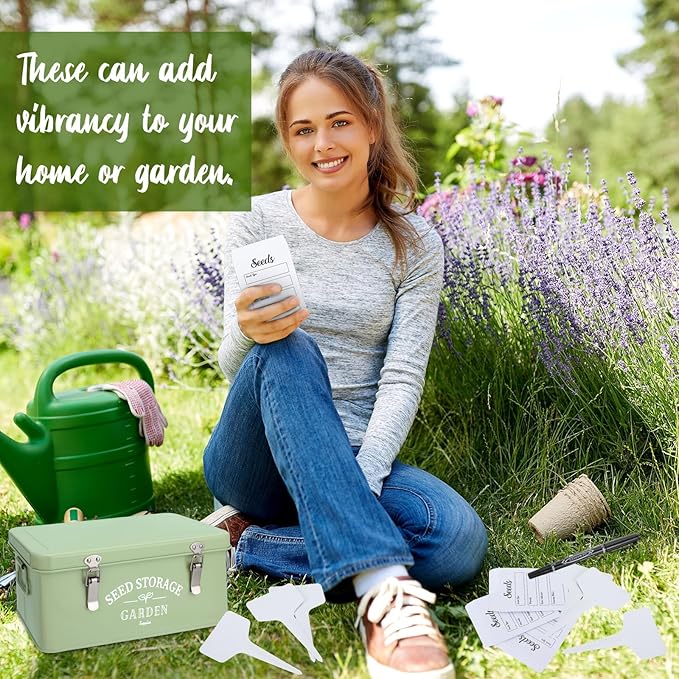 Maitys Seed Storage Container Box with Lid Garden Seed Packet Storage Organizer Decorative with Dividers and 100 Plant Labels 50 Seeding Envelopes 2 Marker Pens(Groovy,12.8 x 6.8 x 5.4)