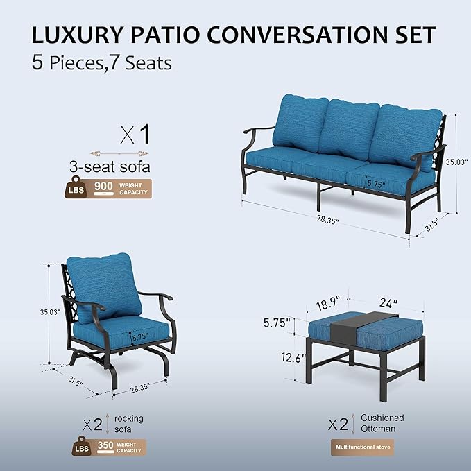 HERA'S HOUSE 5 Pieces Patio Furniture Set, 2 x Rocking Chair, 2 x Ottoman, 1 x 3-Seat Sofa, All Cushioned 7 Seats Metal Outdoor Conversation Set for Lawn Garden Backyard